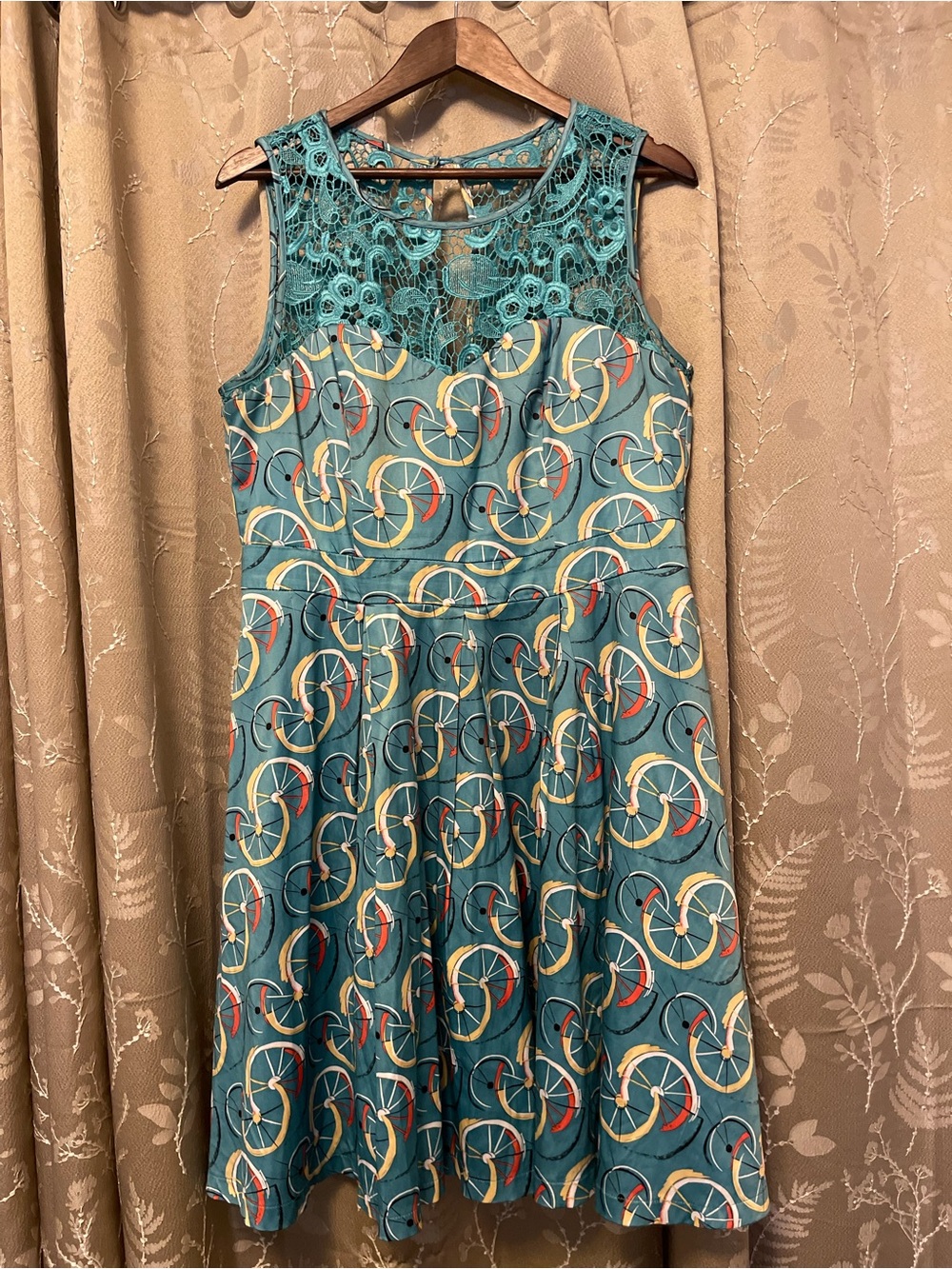 Tatyana Teal Lace Yoke Bicycle Print Mini Dress